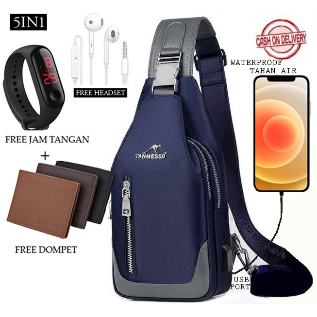 TANMESSO 5in1 BAYAR DITEMPAT- JAM LED -HEADSET- DOMPET -USBPORT -TAS WATERPROOF-BAHAN INTERPILAR SENDIRI LEMBUT DAN TEBAL MENGANDUNG 70%COTTON BUKAN PARASUT ATAU KANVAS SEPERTI YANG BEREDAR DIPASARAN-TAS SELEMPANG PRIA-SLING BAG PRIA