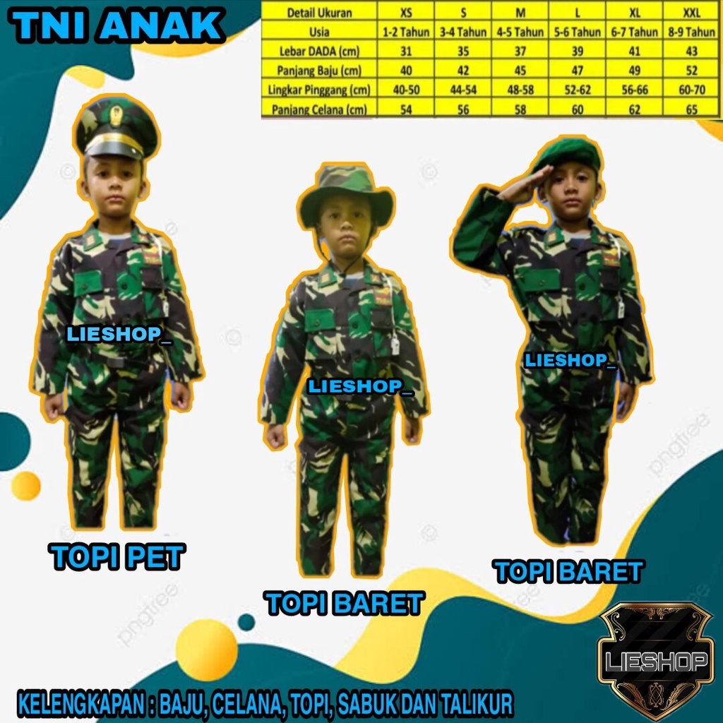 GROSIR BAJU SERAGAM TNI ANAK PDH PDL KARNAVAL / Seragam TNI anak Topi pet Dan Baret murah bandung