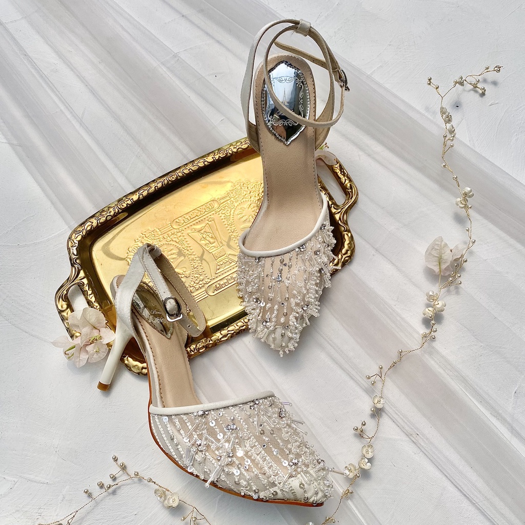 Ivory White Sandal Sepatu Pesta Wedding Tali Sepatu Stiletto Heels 9cm AVEDA FA6434