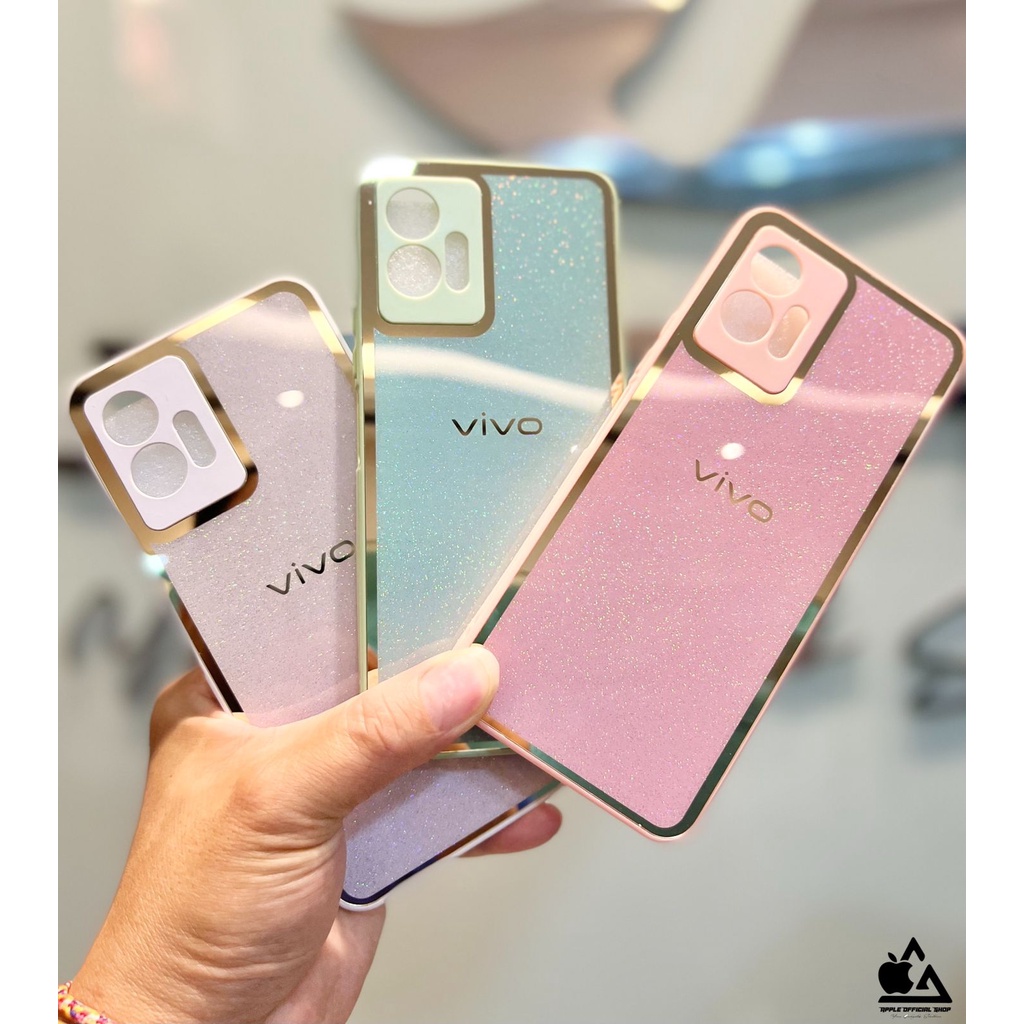 Glass Case Candy Gliter List Chrome VIVO Y12 Y15 Y17 Y12S Y20 Y20i Y20S Y21 Y21S Y21A Y33S Y33T Y15S Y01 Y75 5G T1 5G TEMPERED GLASS CASE List Gold SOFTCASE SILIKON CANDY MEWAH