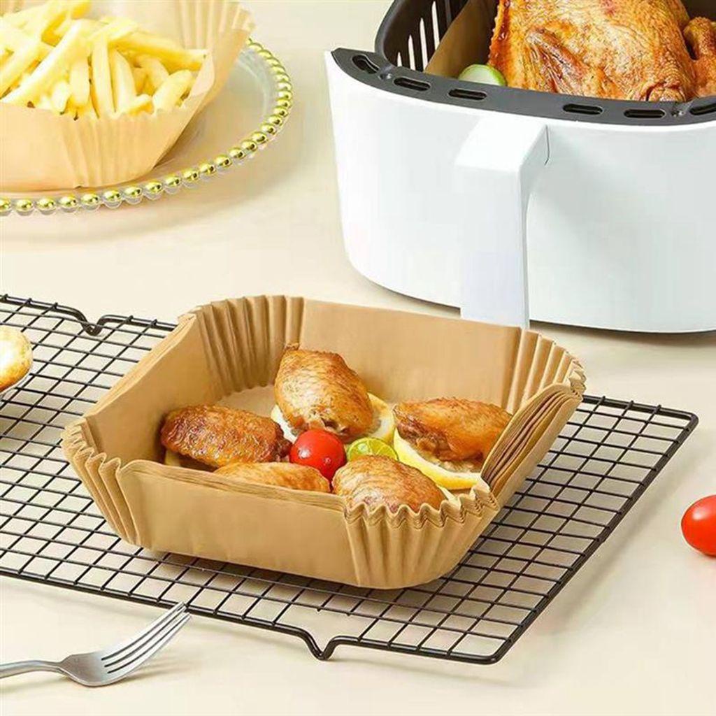 [Elegan] Air Fryer Kertas Sekali Pakai Coklat/Putih 50/100pcs Perlengkapan Dapur Anti Air Anti Lengket Square Disposable Paper Liner