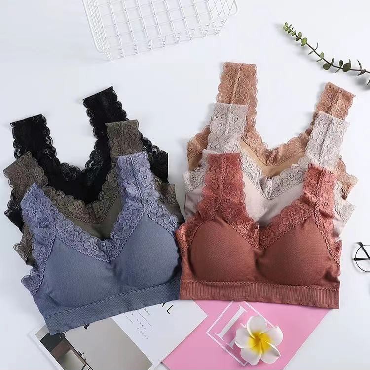 [COD] Bra Wanita Sports Bra V-Neck Aksen Hem Lace dengan Pad Busa untuk Yoga / Tidur