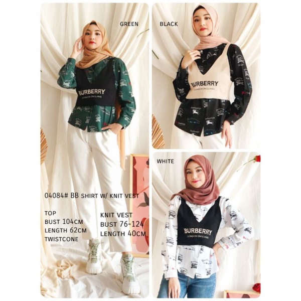 MDLV ~ KEMEJA DAN ROMPI RAJUT 04084 BB SHIRT W KNIT VEST / KEMEJA SET ROMPI // FASHION IMPORT WANITA