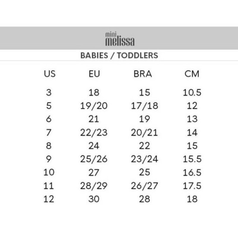 Size chart Mini Mel Melissa