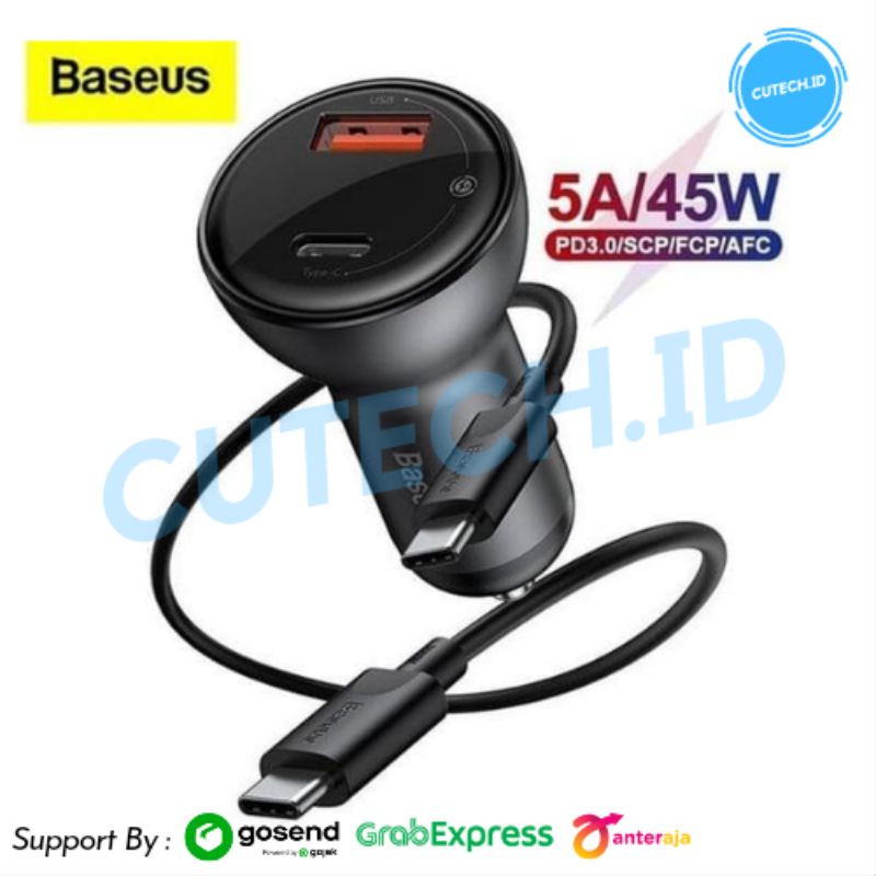 BASEUS CAR CHARGER 45W / 5A DUAL OUTPUT QUICK CHARGE SUPPORT PD QC PPS AFC (INCLUDE CABLE)