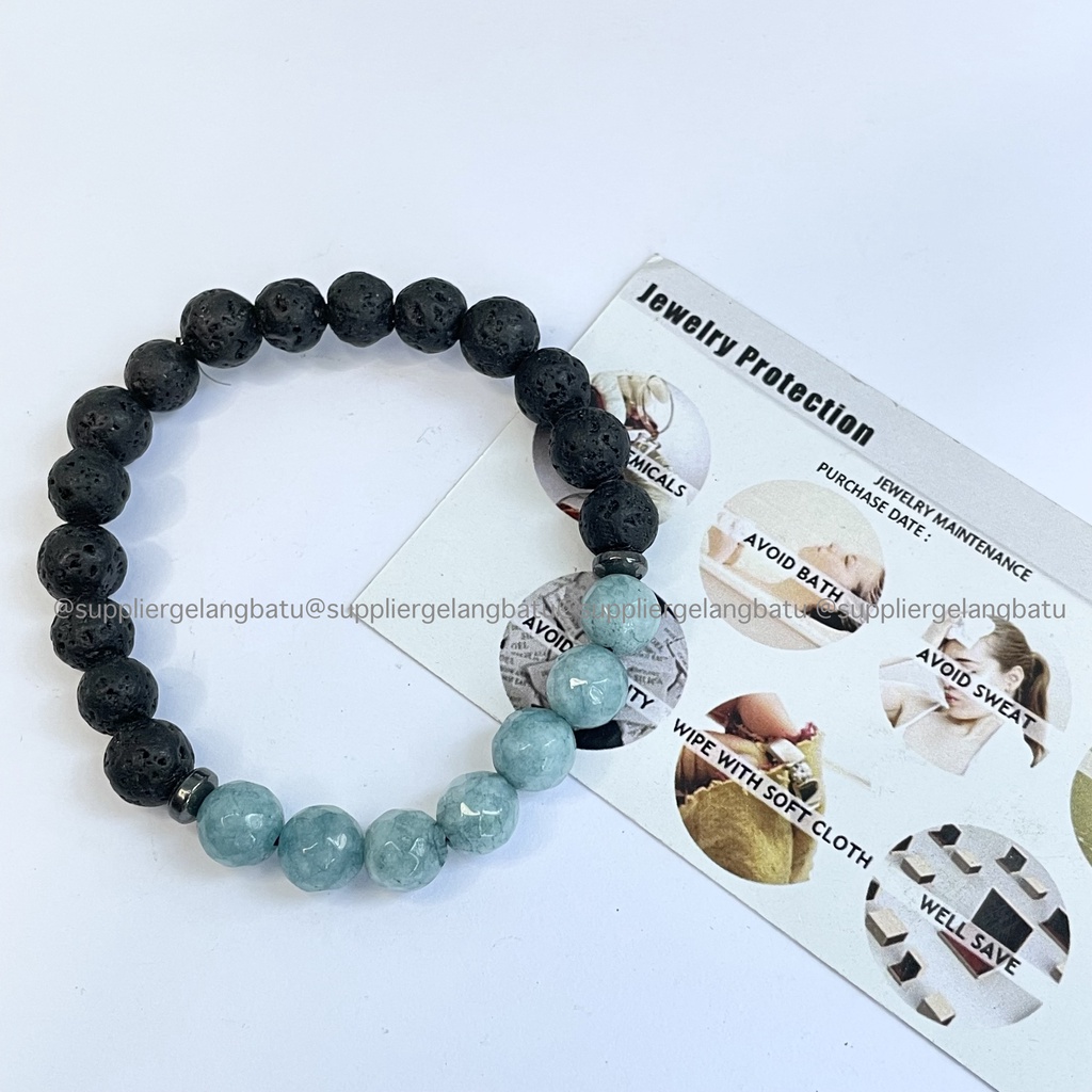 Gelang Jimin BTS Army Blue Moss Agate Cutting x Lava Stone for Diffuser Essential Oil Parfume Fragrance