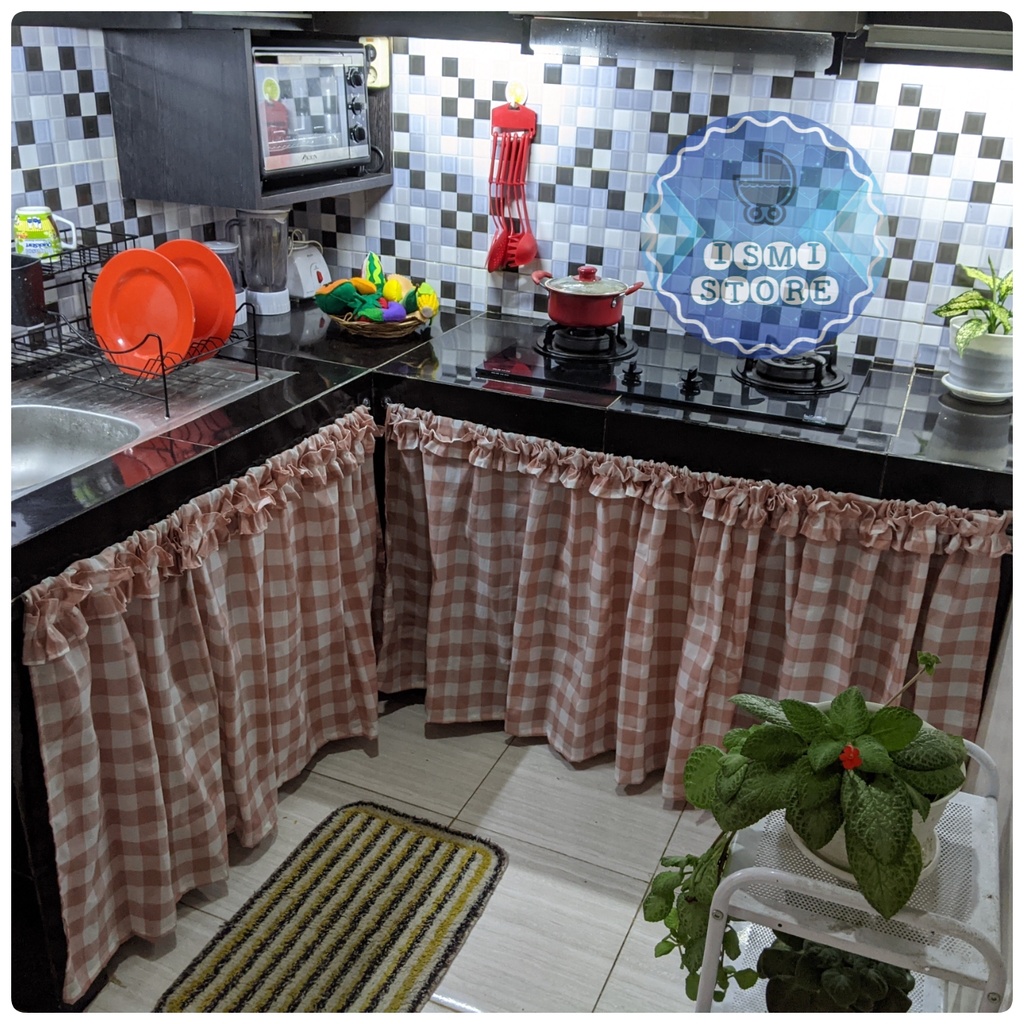 Ismi Store GORDEN / GORDENG KOLONG Dapur RUFFLE (Kerutan) / Gorden Kolong Dapur Berhias Kerutan Bisa CUSTOM / Request Ukuran Motif Kotak Gingham Kekinian