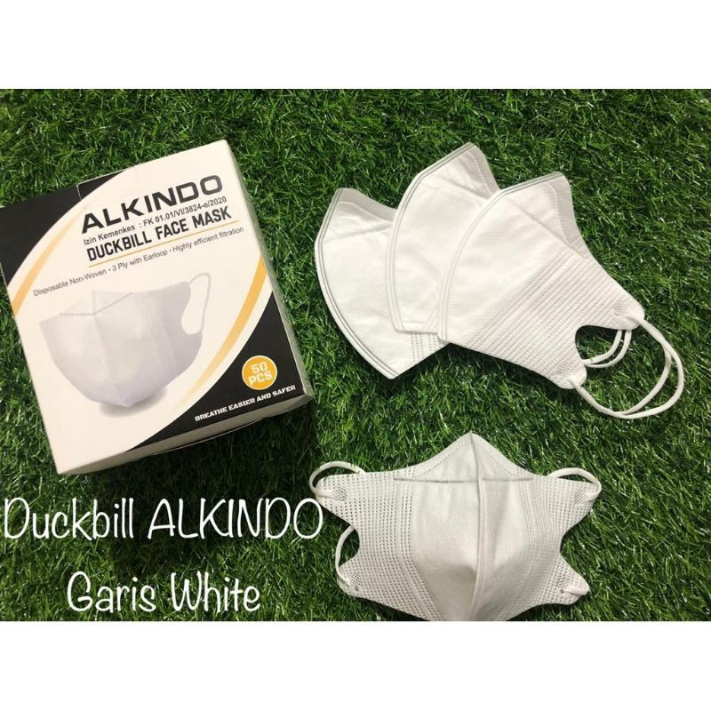 PREMIUM ( ISI 50 PCS) MASKER DUCKBILL ALKINDO 4 PLY / MASKER DUCKBILL GARIS HIDUNG PUTIH / DUCKBILL MASK