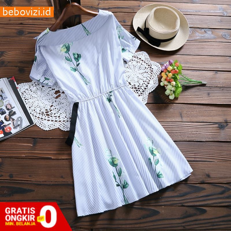 Casual Dress Mori Girl Blue Summer Wanita Stripe Midi Import