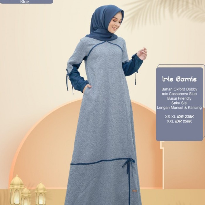 PREMIUM BAJU GAMIS WANITA PEREMPUAN TERBARU NIBRAS GAMIS IRIS - BIRU, XL