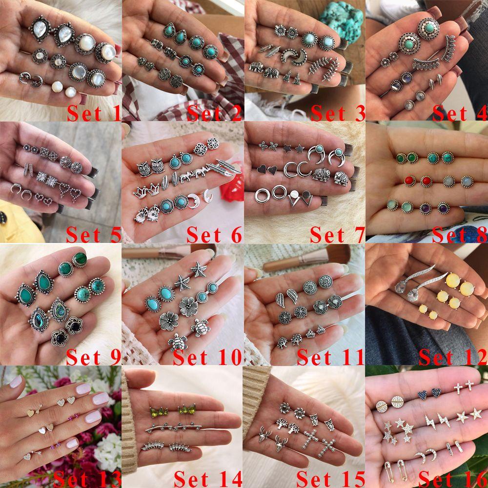 Anting Tusuk Nanas Set Bohemian Retro Wanita Cewek Antik Perak Batu Pirus