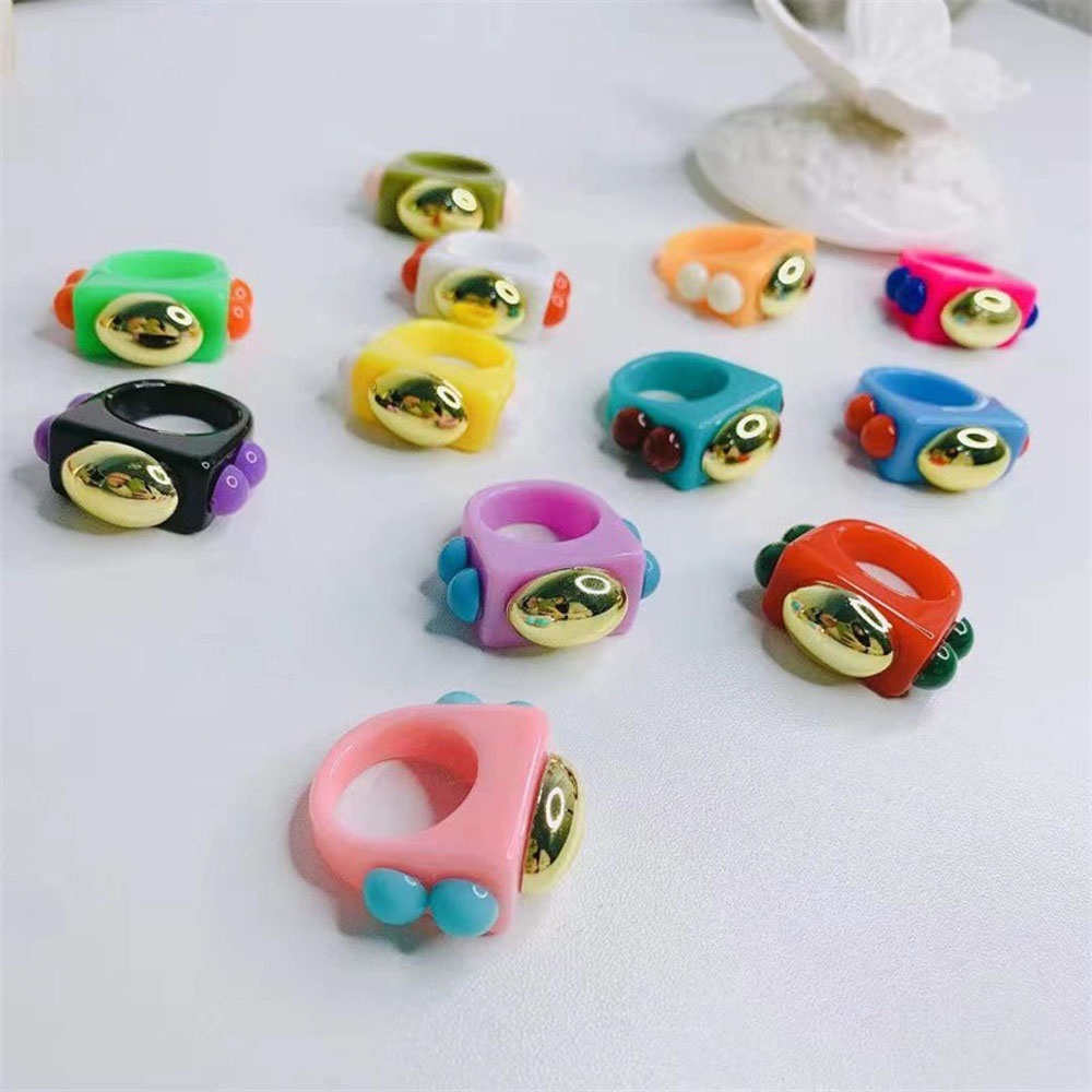 Needway  Men Finger Rings 2021 New Style Thumb Rings Rings Metal Ball Rectangle Square Candy Color Resin Geometric Korea Fashion Jewelry/Multicolor