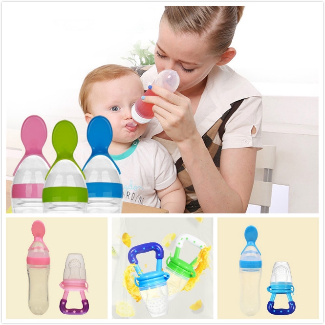 Botol Sendok Makan Bayi 90ML Bahan PP + Silikon Warna Pink