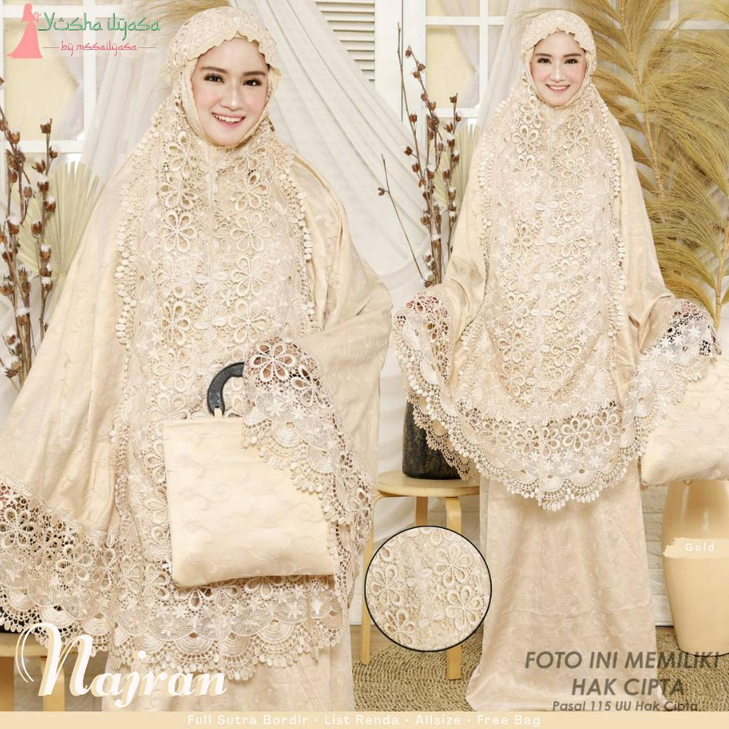 Mukena Jumbo Dewasa Najran Bahan Sutra Bordir List Renda Free Bag Original Yusha Ilyasa