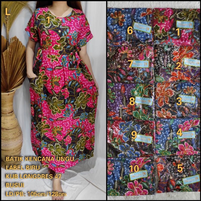 DASTER LONGDRESS KUB 47 TALI 4 KANCING BUNSUI LD 110 CM PB 128 CM  ORGINAL BATIK KENCANA UNGU LEBEL 