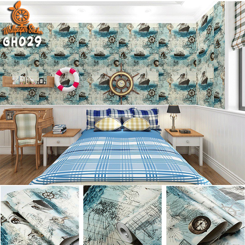 (COD) Wallpaper Stiker Dinding / Walpaper dinding Kamar Tidur Wallpaper Motif Perahu Layar Bahan PVC Premium (SUDAH ADA LEM)