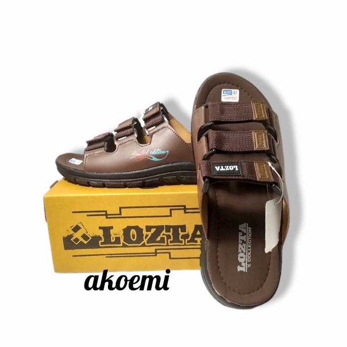Sandal Slop Gunung Pria Kulit Casual Formal Original Qality Lozta Big Size 39-43-Coklat + Hitam