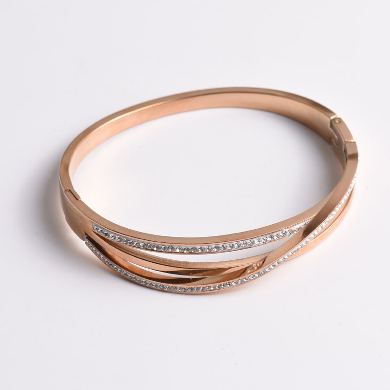 Silang Garis Flash Berlian Baja Titanium Gelang Perempuan 18k Rose Gold Anti Karat All-Match Fashion Bracelet