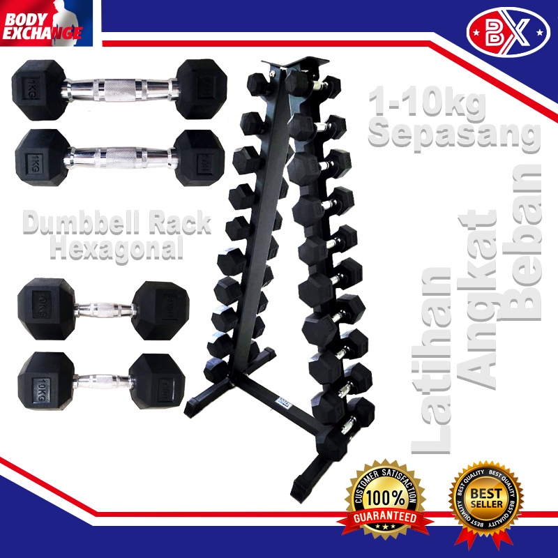Dumbbell Set + Rack Hexagonal 1 kg - 10 kg - Alat Fitness - Alat Gym - Alat Olahraga - Alat Angkat Beban