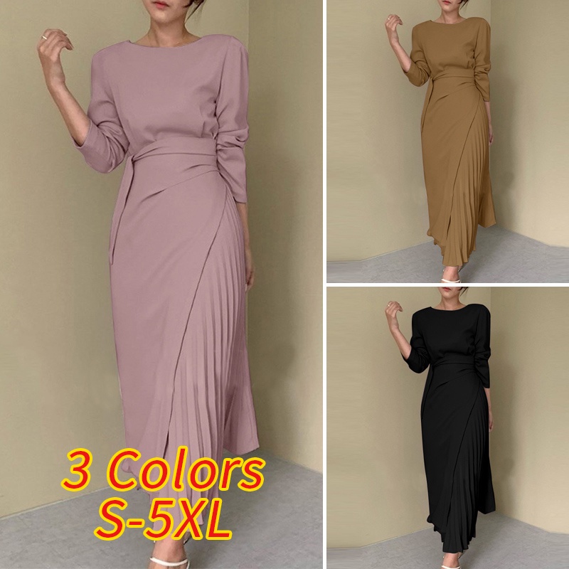 ZANZEA Ladies Fashion Women Dress Plain Slim Elegant Pleated Office Long Dresses