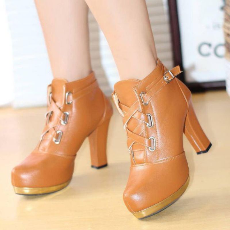 Sepatu Boots Wanita Heels 10cm – Ankle Boots Gesper Buckle Kulit Sintetis Doff | SBR 11