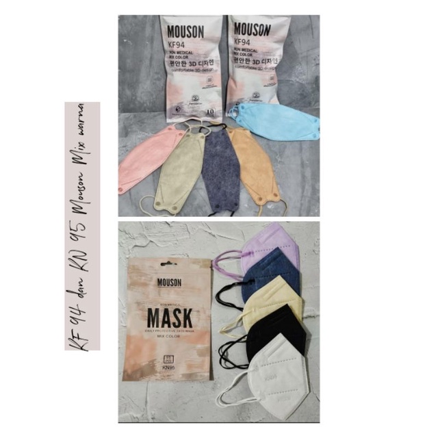 Masker Mouson KN 95, KF 94 mix warna, dan KN 95 anak motif isi 10 pcs