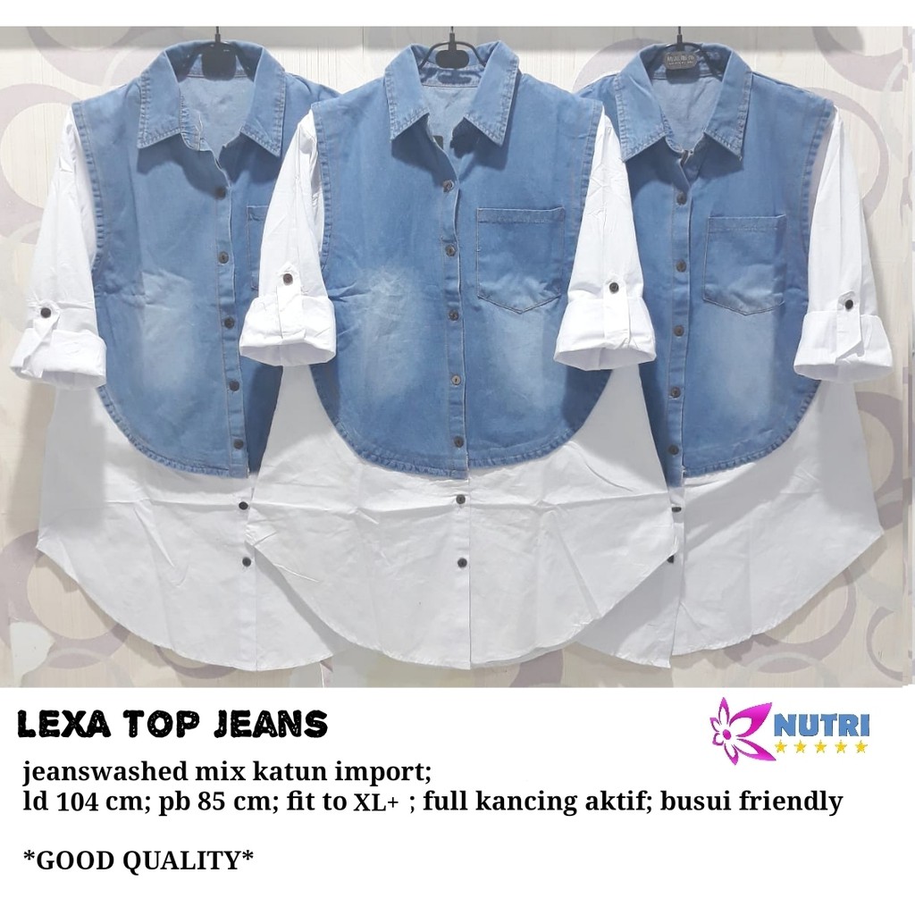 wearup LEXI top jeans atasan wanita putih kombinasi jeans wash denim kemeja cewek berkerah