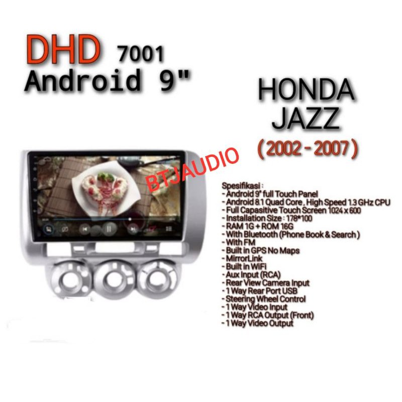 HEAD UNIT TAPE TV MOBIL DOUBLE DIN ANDROID HONDA JAZZ 2002-2007 LAYAR UKURAN 9 INCH