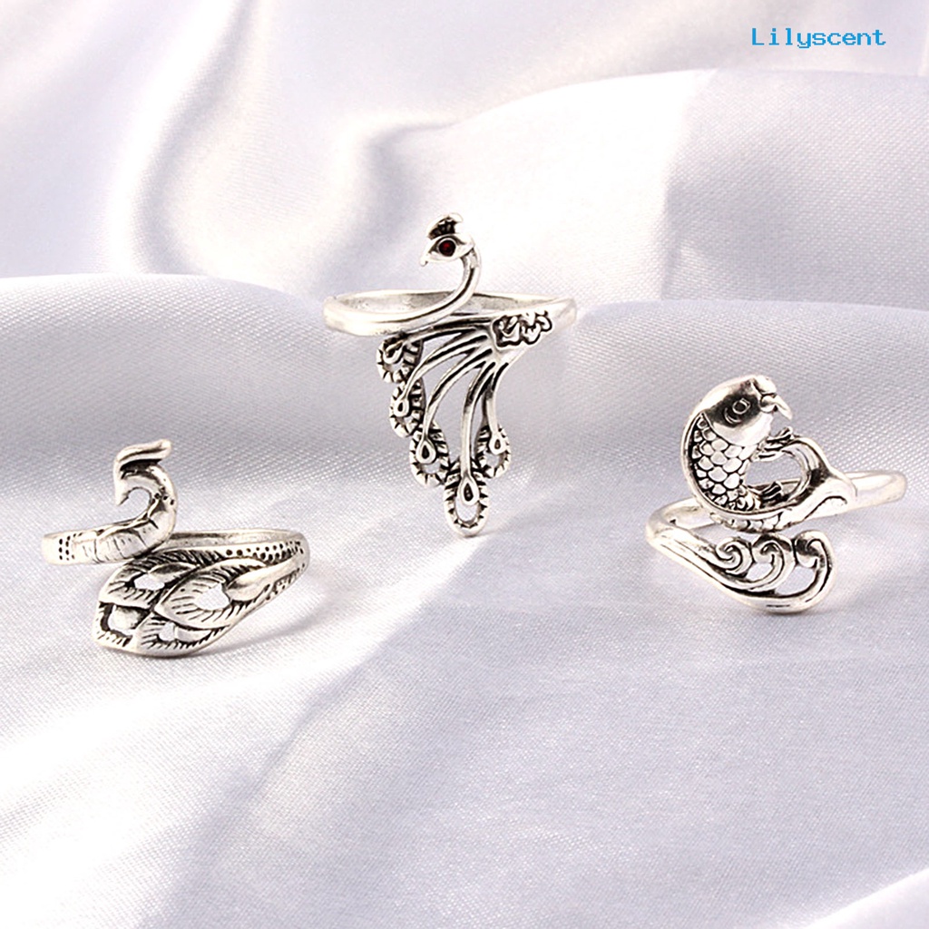 Ls Cincin Open Ring Adjustable Desain Burung Merak Warna Silver Gaya Retro