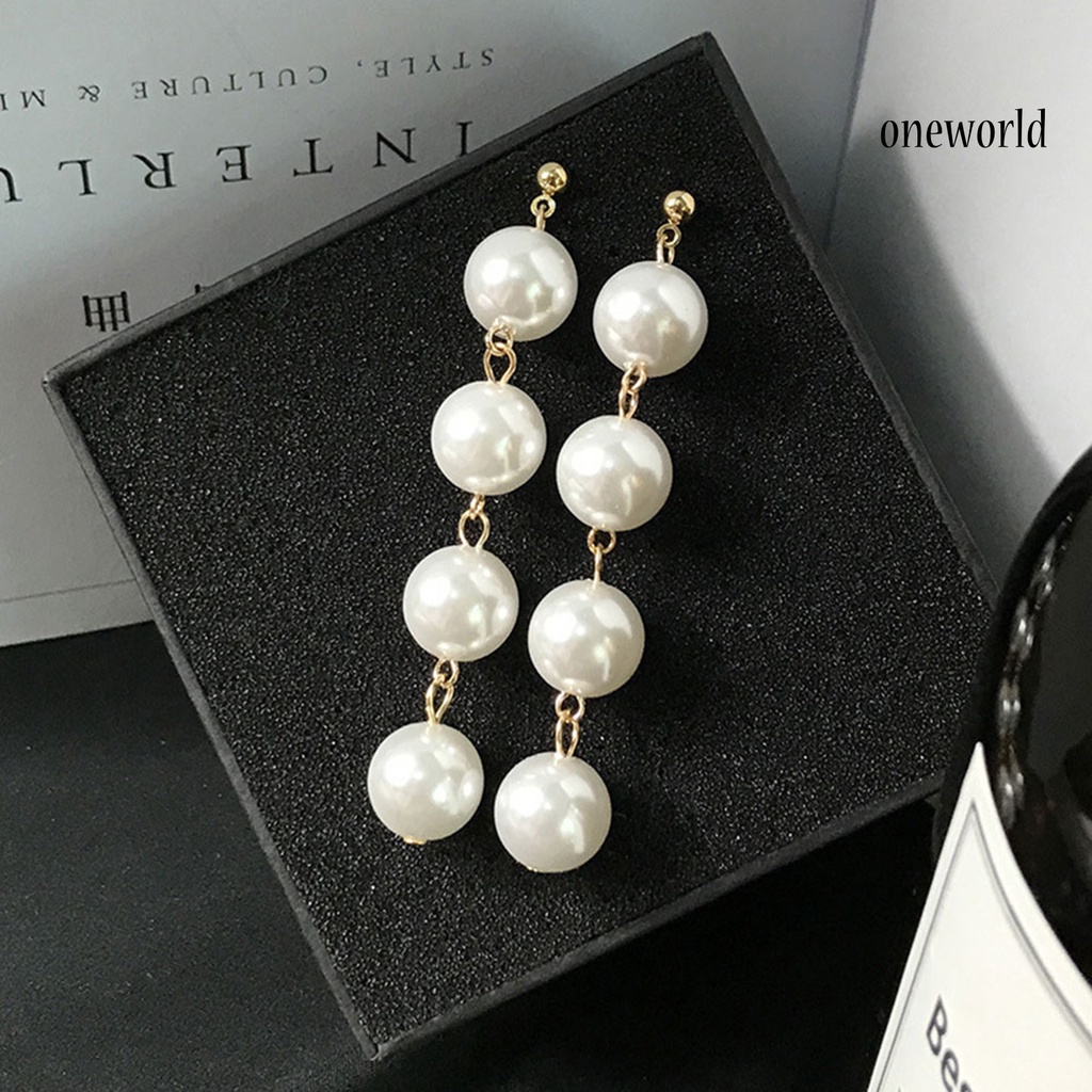 OW@ Earrings Faux Pearl Design Decorative Alloy Long Dangle Eardrop for Party