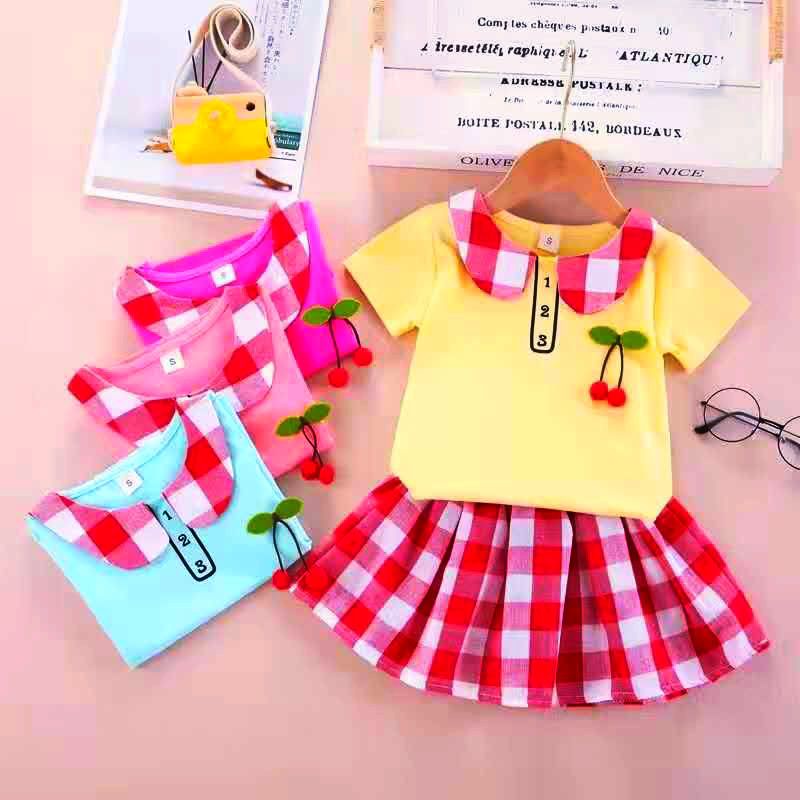 [0-4t] baju anak perempuan setelan celana pendek katun import 0-4 tahun MOTIF RENDA CHERRY / baju setelan celana anak cewek import kondangan motif CHERRY