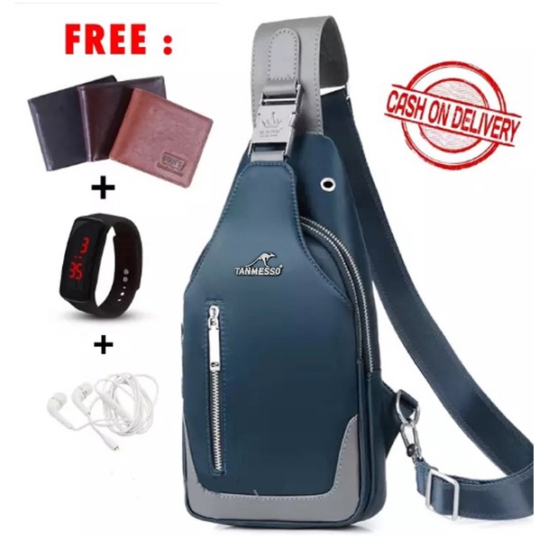 TANMESSO 5in1 BAYAR DITEMPAT- JAM LED -HEADSET- DOMPET -USBPORT -TAS WATERPROOF-BAHAN INTERPILAR SENDIRI LEMBUT DAN TEBAL MENGANDUNG 70%COTTON BUKAN PARASUT ATAU KANVAS SEPERTI YANG BEREDAR DIPASARAN-TAS SELEMPANG PRIA-SLING BAG PRIA