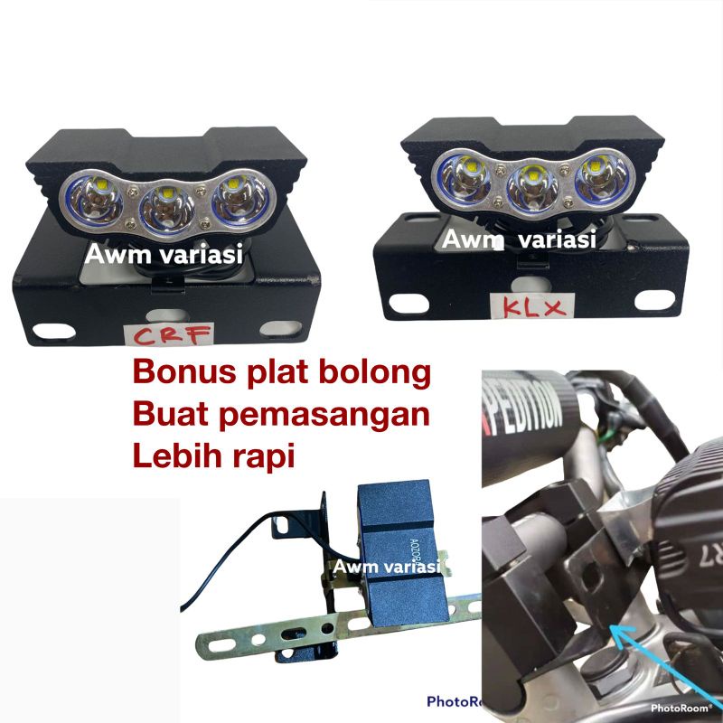 [PAKET]Lampu Tembak Owl 3 Mata Depan Plus Breket CRF KLX D,Tracker Bonus plat Bolong