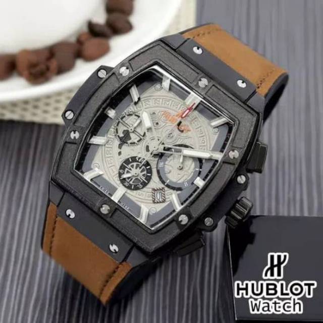 Jam tangan pria hublot senna premium watch strap coklat body black rosegold