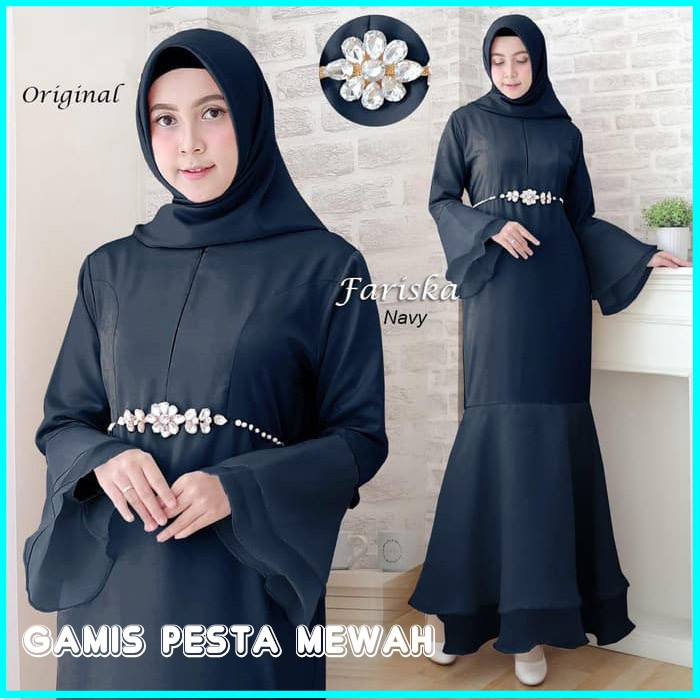 BUSANA MUSLIMAH BAJU GAMIS PESTA WANITA TERBARU FARISKA NAVY