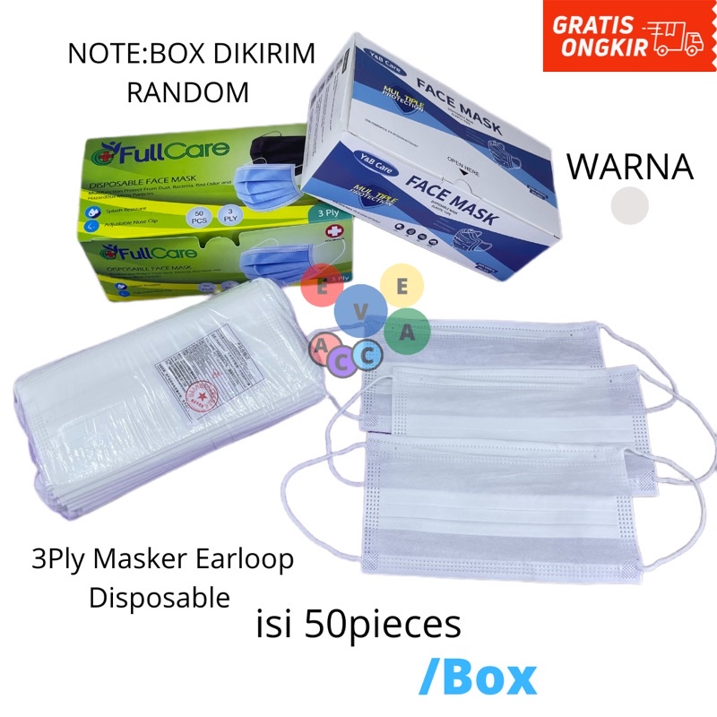 Masker 3 ply 50 pcs Earloop PUTIH + dus masker 3ply 50pcs Free box masker earloop 3ply white