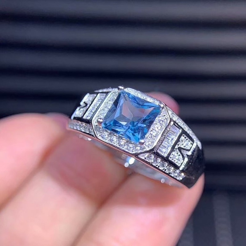 Cincin Perak Berlian Safir Fashion Pria Wanita Kristal Biru Rings