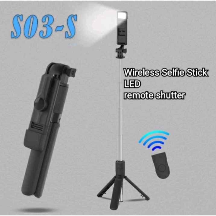 Selfie Stick Tongsis Tripod Remote Shutter Bluetooth 3in1 S03 S LED / Tongsis Bluetooth S LED Plus Remote Shutter &amp; Tripod