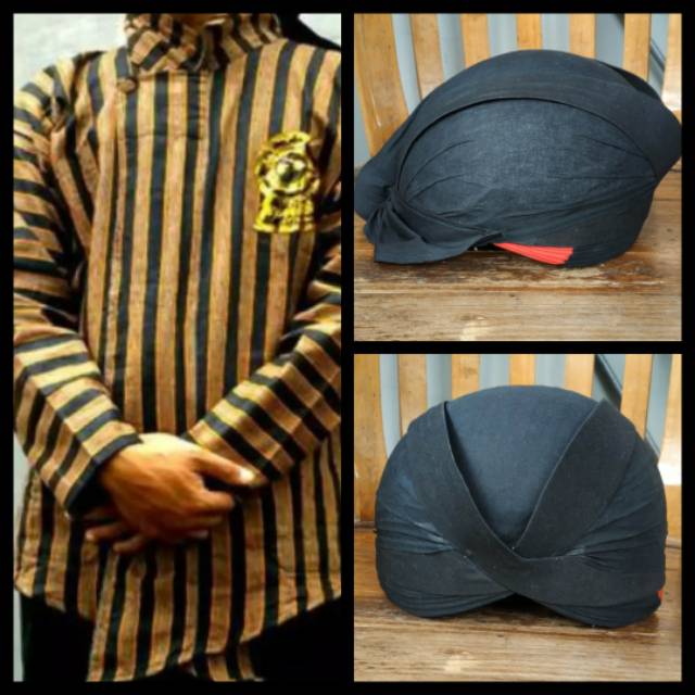 Setelan Surjan Lurik Baju Surjan Lurik dengan Blangkon Jogja Hitam Polos Lurik ( Baju Surjan Lurik +