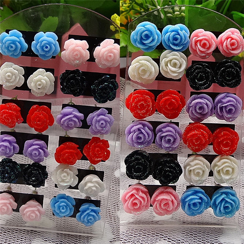 12 Pasang Anting Tusuk Motif Bunga Mawar Warna Campur Untuk Wanita