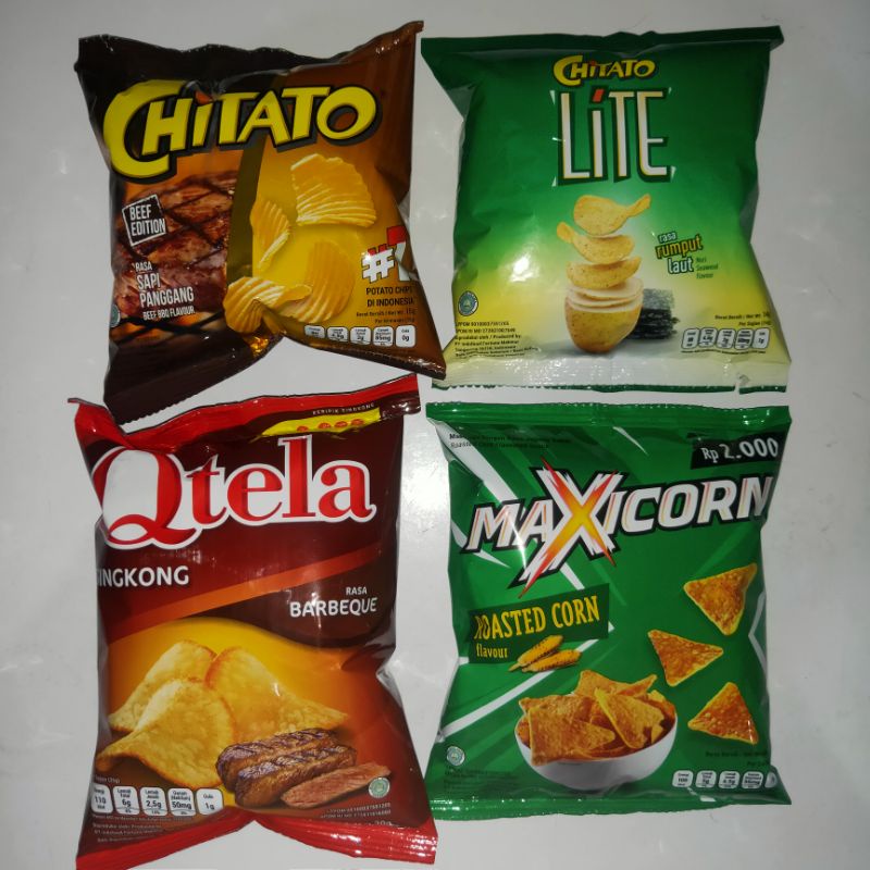 

10PCS/ 1 RENCENG CHITATO SAPI PANGGANG 15g, LAYS/ CHITATO LITE RUMPUT LAUT 14g, QTELA SINGKONG BBQ/BARBEQUE 30g, MAXICORN/Doritos JAGUNG BAKAR/ROASTED CORN 25g