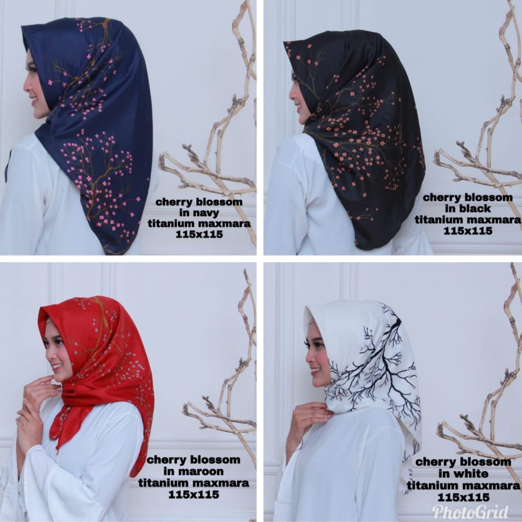 ✅ Cherry Square Hijab Segi Empat Satin Motif , Jilbab Square Satin Maxmara