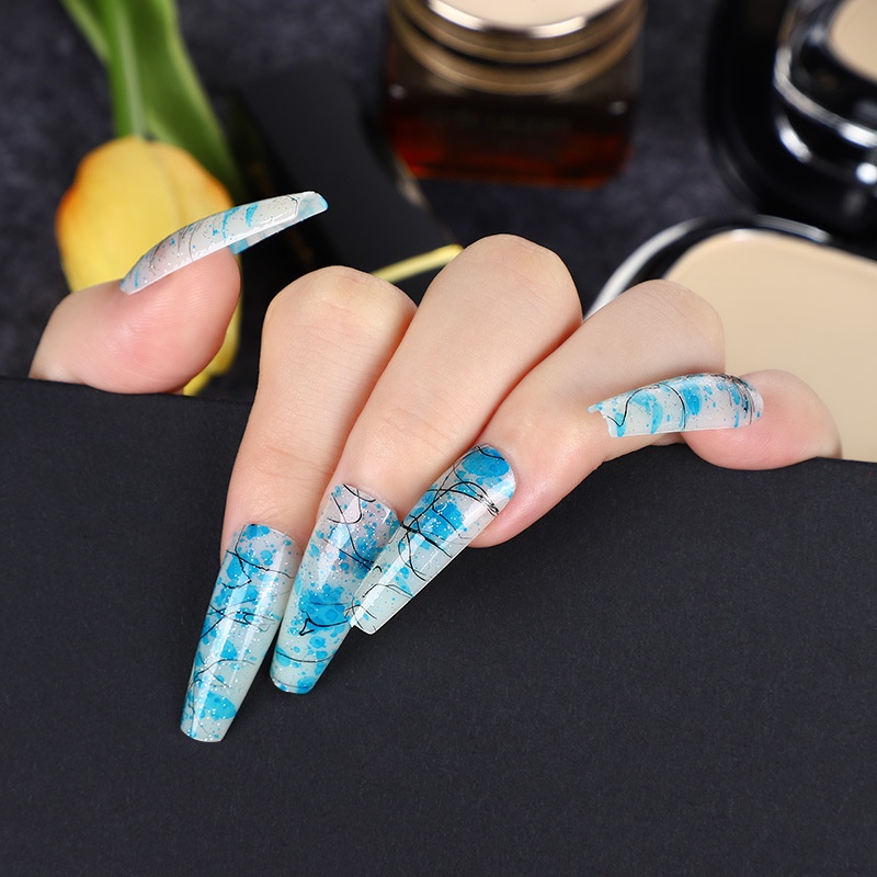 [24Pcs/Box 12 Different Size Natural Vignetting Brushing  Full Cover Long Ballerina Coffin Fake Nails] [Clear Acrylic Artificial False Nails Tips] [DIY Nail Art Accessories]