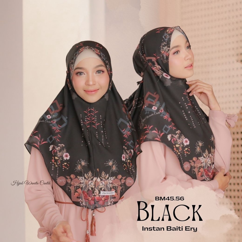 Hijabwanitacantik - Instan Baiti Ery BM45.56 BLACK | Hijab Instan Bergo | Jilbab Instan Motif Printing Premium