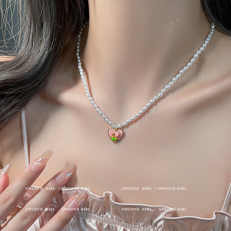 Kalung Choker Liontin Hati Tulip Pink Aksen Mutiara Untuk Wanita