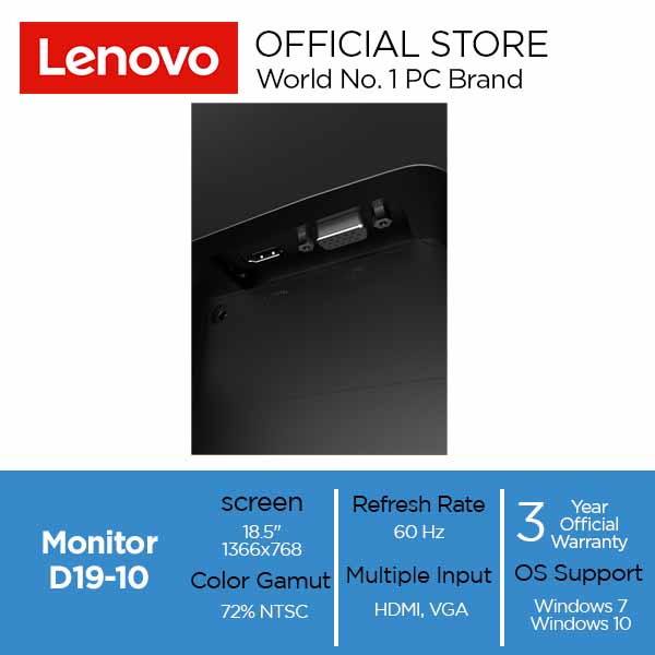 Lenovo D19-10 18.5&quot; LED Monitor FLAT HD 60HZ VGA HDMI GARANSI RESMI 18.5 inch