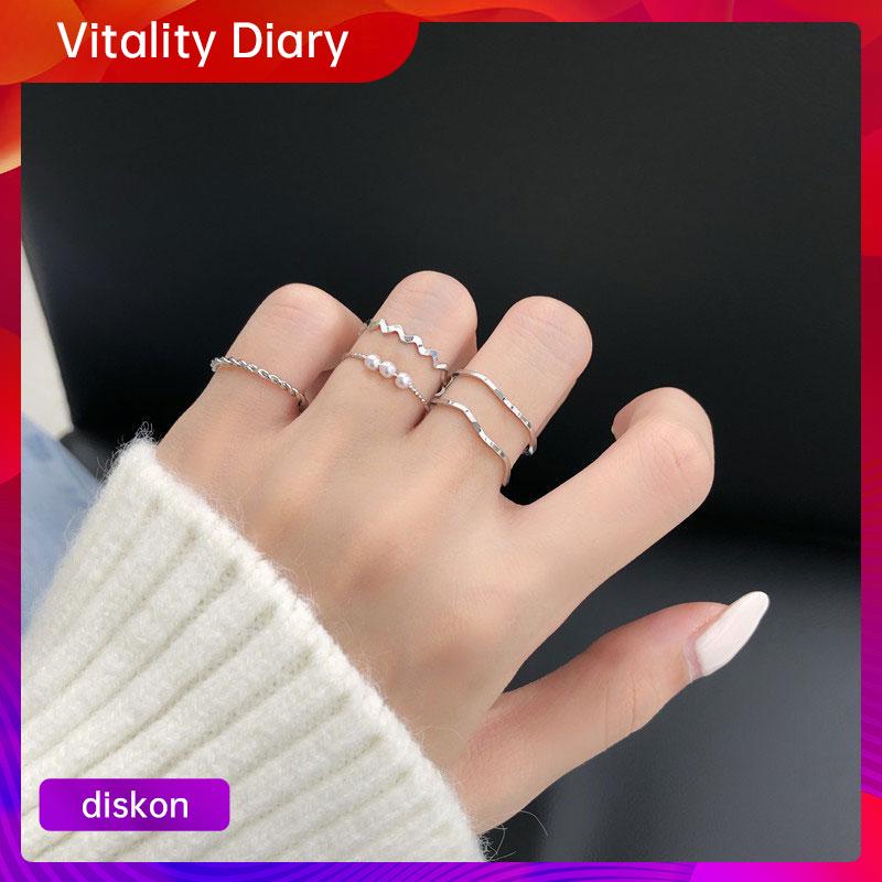 5pcs/set cincin wanita mutiara geometris gaya korea fashion aksen berlian imitasi aksesoris aksen berlian imitasi ring-3