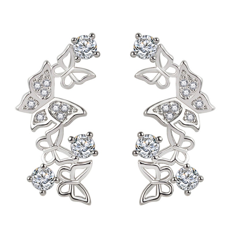 2pcs Anting Stud Desain Kupu-Kupu Aksen Kristal Warna Silver Dan Emas Untuk Wanita