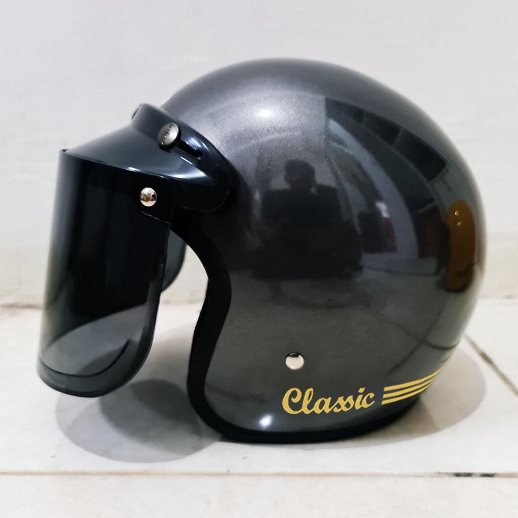 HELM BOGO DEWASA CLASIC GARIS DEWASA POLOS GARIS KACA FLAT DATAR DAN KACA CEMBUNG-abu abu glos