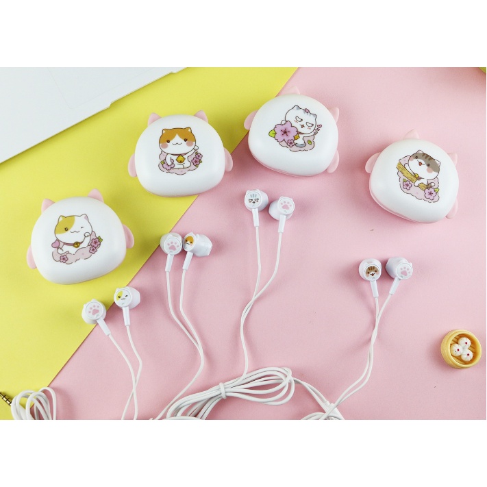 [KIKI-353] Set Headset Earphone SAKURA CAT / Wadah Earphone Kartun KUCING dengan Bunga SAKURA